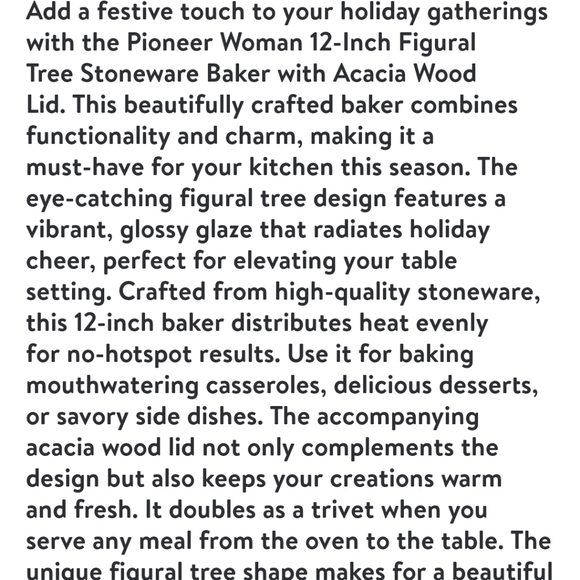 🎄 New Pioneer Woman Tree 12 Inch Ceramic Baking Dish with Wood Serving Lid - Picture 2 of 10